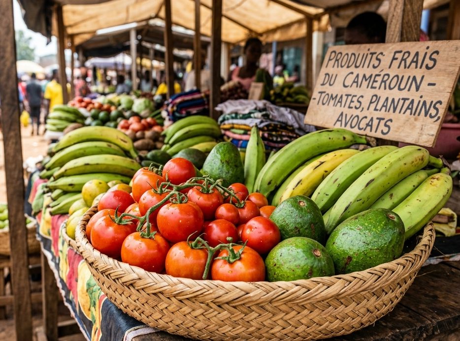 Photo principale : un panier de produits frais (tomates, plantain, avocats) sur un étal