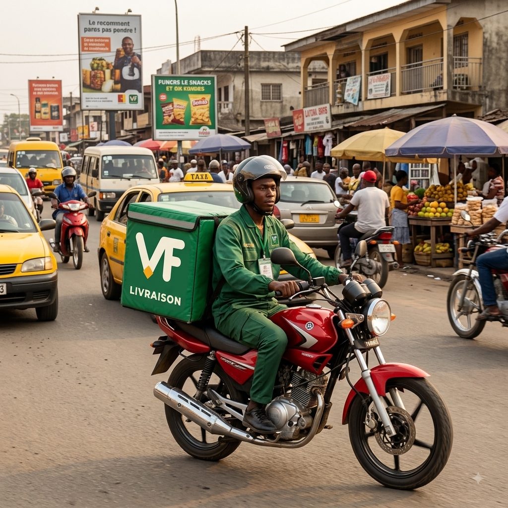 Livreur VillageFood en moto avec son sac de livraison